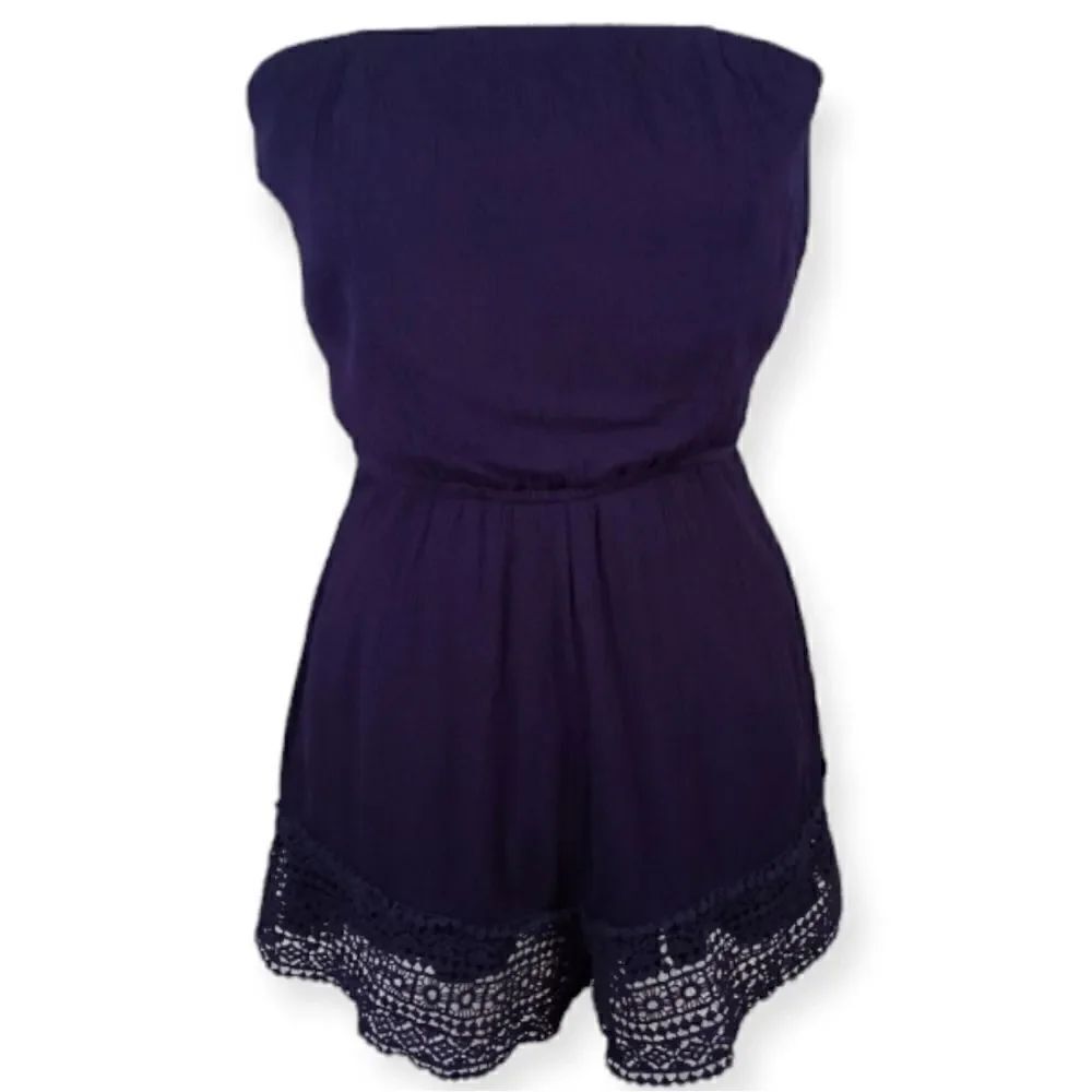 XHILARATION NAVY STRAPLESS ROMPER W/TIE WAIST SZ.S EUC